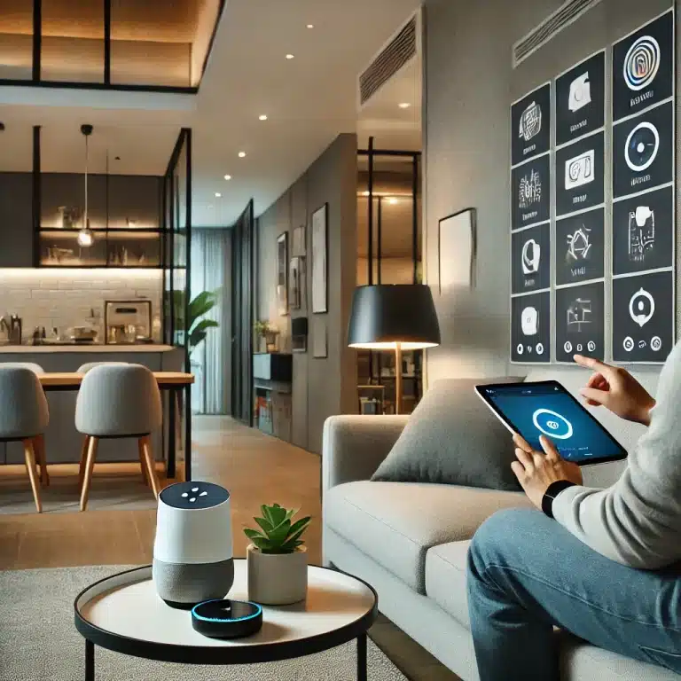 **Alt-Text für das erste Bild:** Ein modernes Wohnzimmer, das Smart Home-Technologie zeigt. Eine Person sitzt auf einem Sofa und benutzt ein Tablet, um verschiedene Geräte wie Beleuchtung, Lautsprecher und Thermostat zu steuern. Auf einem nahegelegenen Tisch befindet sich ein Sprachassistent-Gerät wie Amazon Alexa oder Google Home. Der Raum ist stilvoll und zeitgenössisch gestaltet, mit einem Schwerpunkt auf der Integration von Smart Home-Technologie.